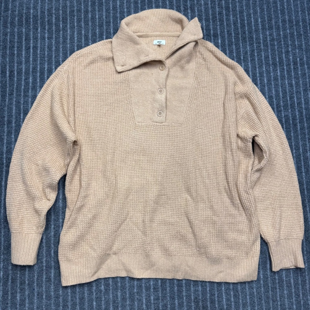 Aerie Womens Sweater XL Tan Beige Waffle Knit Henley Pullover Oversized Cozy